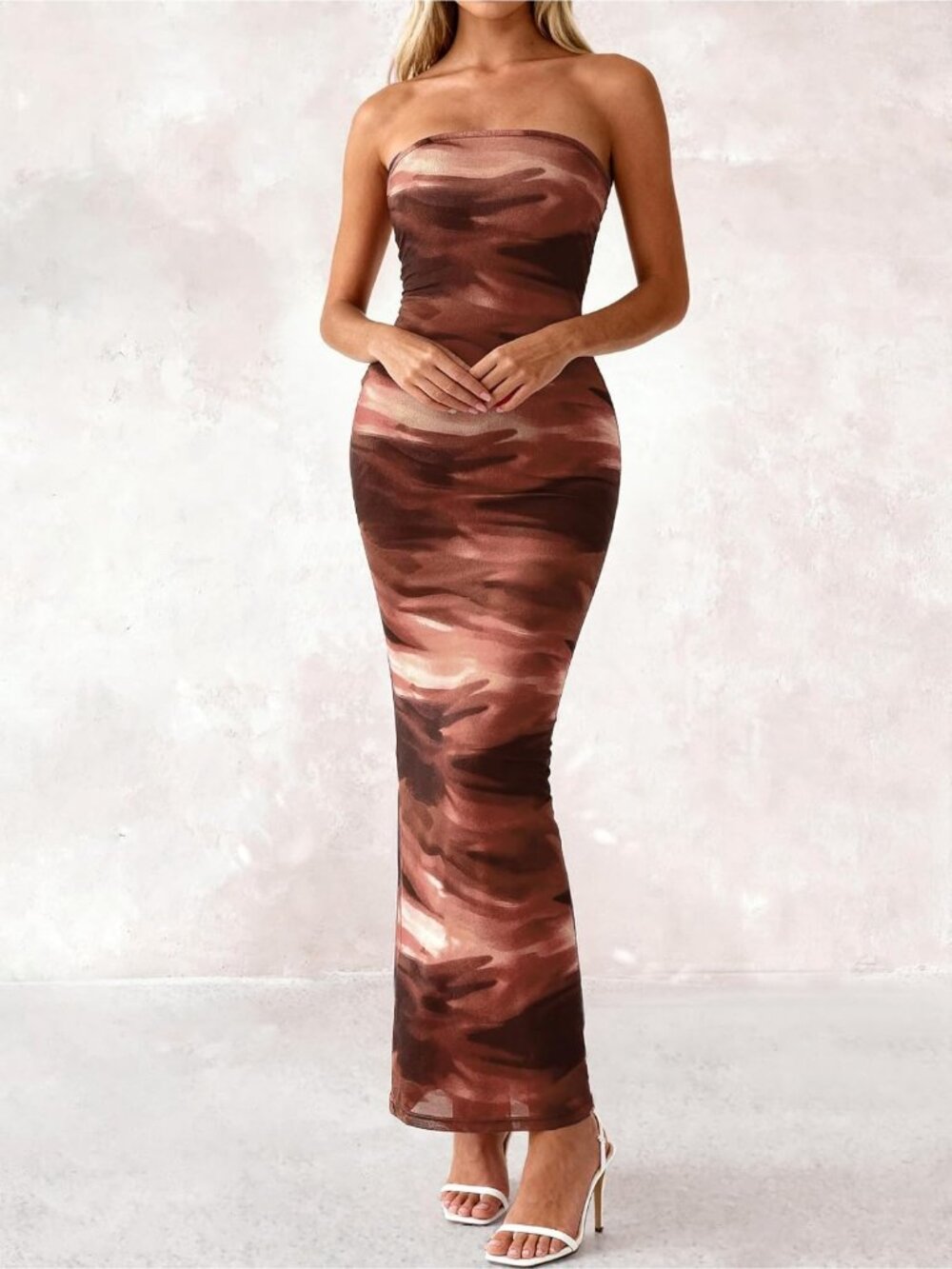 Women's Sexy Brown Floral Strapless Tube Long Bodycon Maxi Club Party Dress - Picture 4 of 6